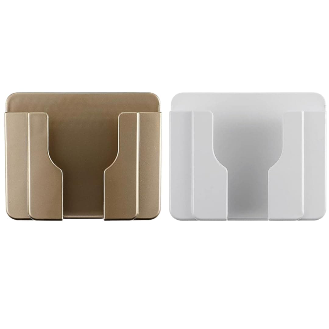 Mobile Wall Holder,Remote Holder Wall Mount,Ceiling Fan Remote Control Wall Holder, Pen Holder, Cell Phone Holder with Adhesive, Bedside Shelf, (White/Golden) Set of 2