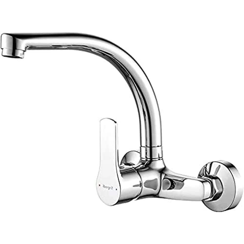 M16357 Wall Mounted Kitchen Tap Single Lever Mixer Tap 360 ° Rotation Sink tap with Adjustable Mounting Hole (130mm-170mm), Brass, Chromed