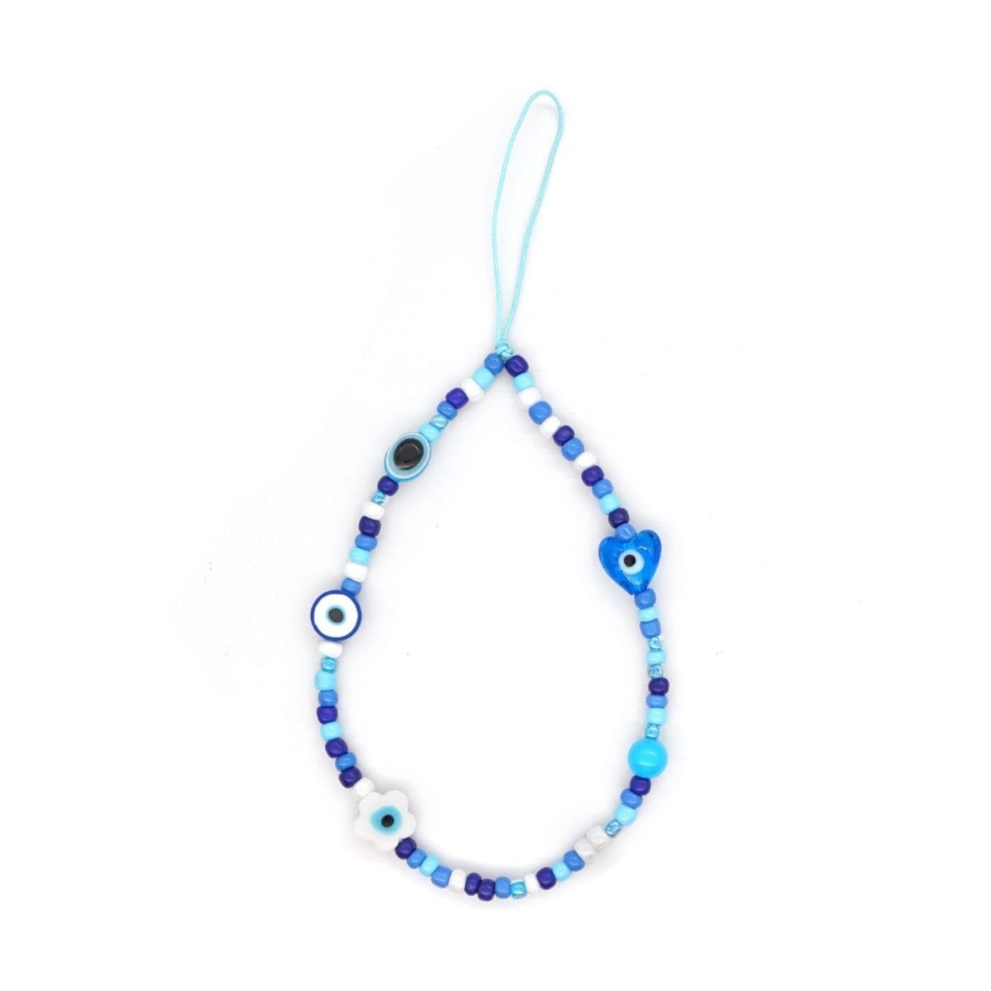 Meefisher Beaded Evil Eye Phone Charm Lanyard Wrist Strap Cute Flower Charms Anti-Lost Chain Aesthetic Accessories Love Protection Gifts for Women (Blue Flower Evil Eye)