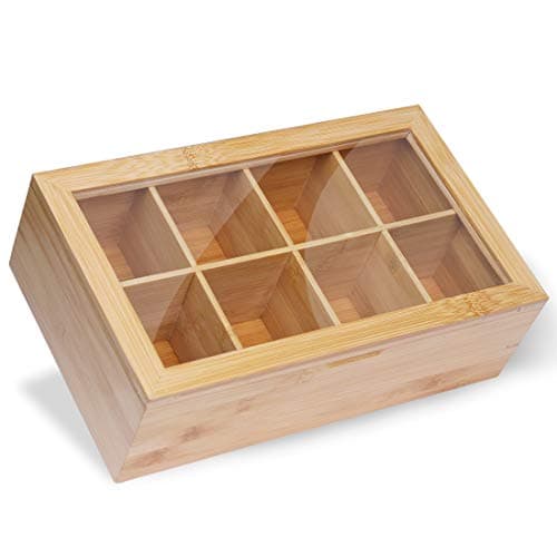 Ecbanli Bamboo Tea Box, Tea Bag Organizer with 8 Deeper Compartments, Natural Wooden Finish