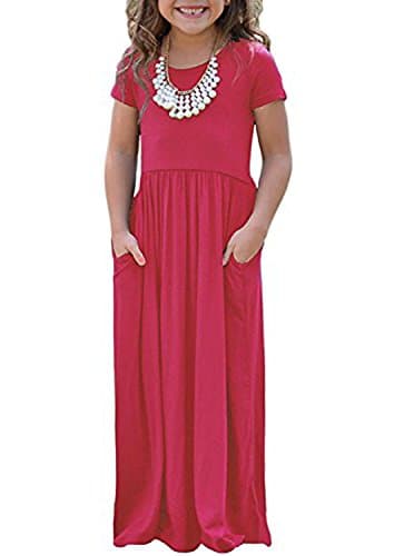 STKAT Girl's Summer Short Sleeve Round Neck Pockets Solid Color Casual Long Maxi Dress,Medium,Red