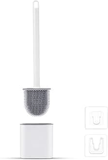 Ibergrif M34151-3 Toilet Brushes & Holders, Deep Cleaner Silicone Toilet Brush, Flat Toilet Brush with Long Handle, Quick Drying Loo Brush and Holder for Bathroom, Base Flooring Wall Mounted, White
