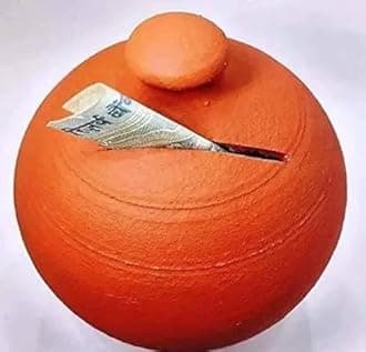 Money Bank, Orange Spherical Piggy Bank with Coin Slot, Traditional Clay Savings Box