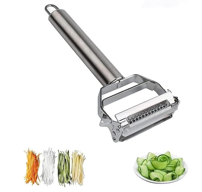 Stainless Steel 2 in 1 Julienne Vegetable Peeler Multi-Functional Fruit Vegetable Shredder Slicer Double Planing Cutter Potato Cucumber Carrot Melon Grater (Silver, 18 x 8.2 x 2.4 cm)
