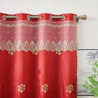 Amidoudou 1 Pair European Double Layer Curtains for Living Room Bedroom Luxury Flower Embroidered Curtains with Valance (Red,52x102 Inch)