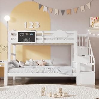 BTM3FT Single & 4FT6 Bunk Bed with Stairs and Trundle, Bedside Guardrail with Small Blackboard, Kids Bunk Bed with Multiple Storage Compartments, Solid Pine Wood,90x190cm+140x190cm