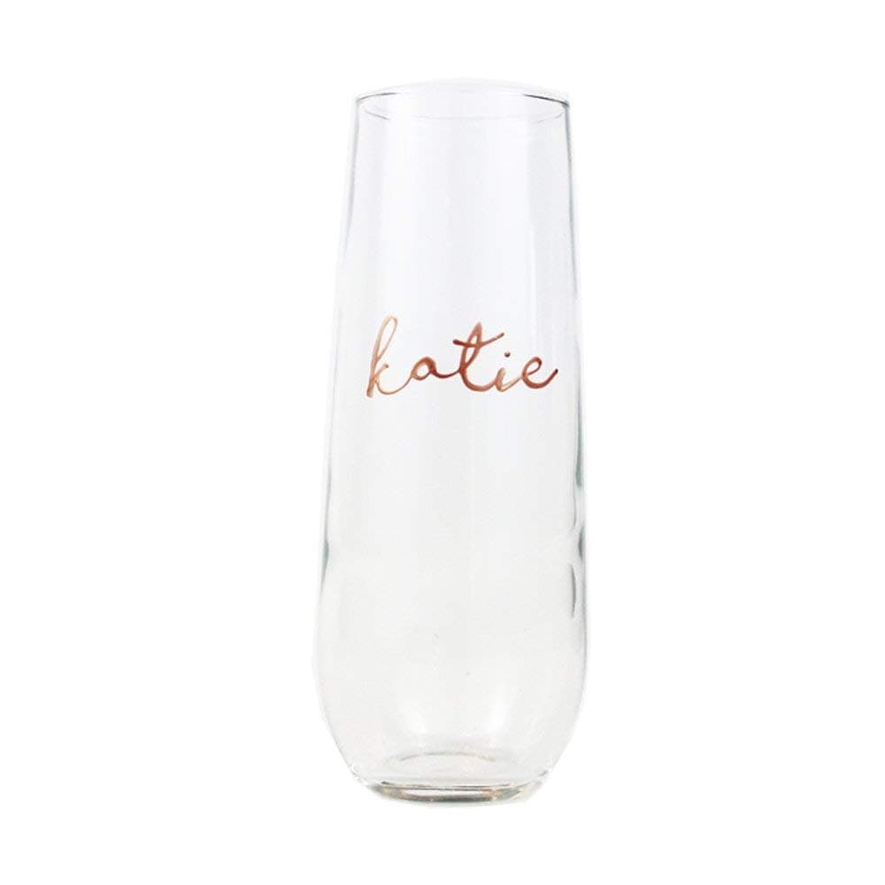 Rose Gold Personalized Champagne Flutes 8.5 oz Custom Cute Bridesmaid Glasses Stemless Hand Painted
