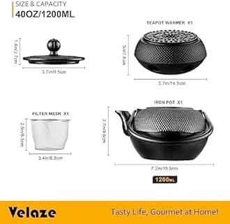 Velaze Cast Iron Teapot Set,1100 ml/37oz Japanese Teapot Heat Preservation with Warmer and Stainless Steel Infuser,Durable Cast Iron with Fully Enameled Interior,Beautiful Hammered Design