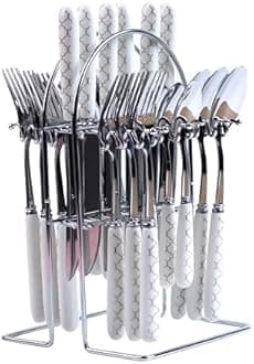 - Stainless Steel Spoons, Forks & Knives Set of 24 with Stand and Ceramic Handle (Block Print)