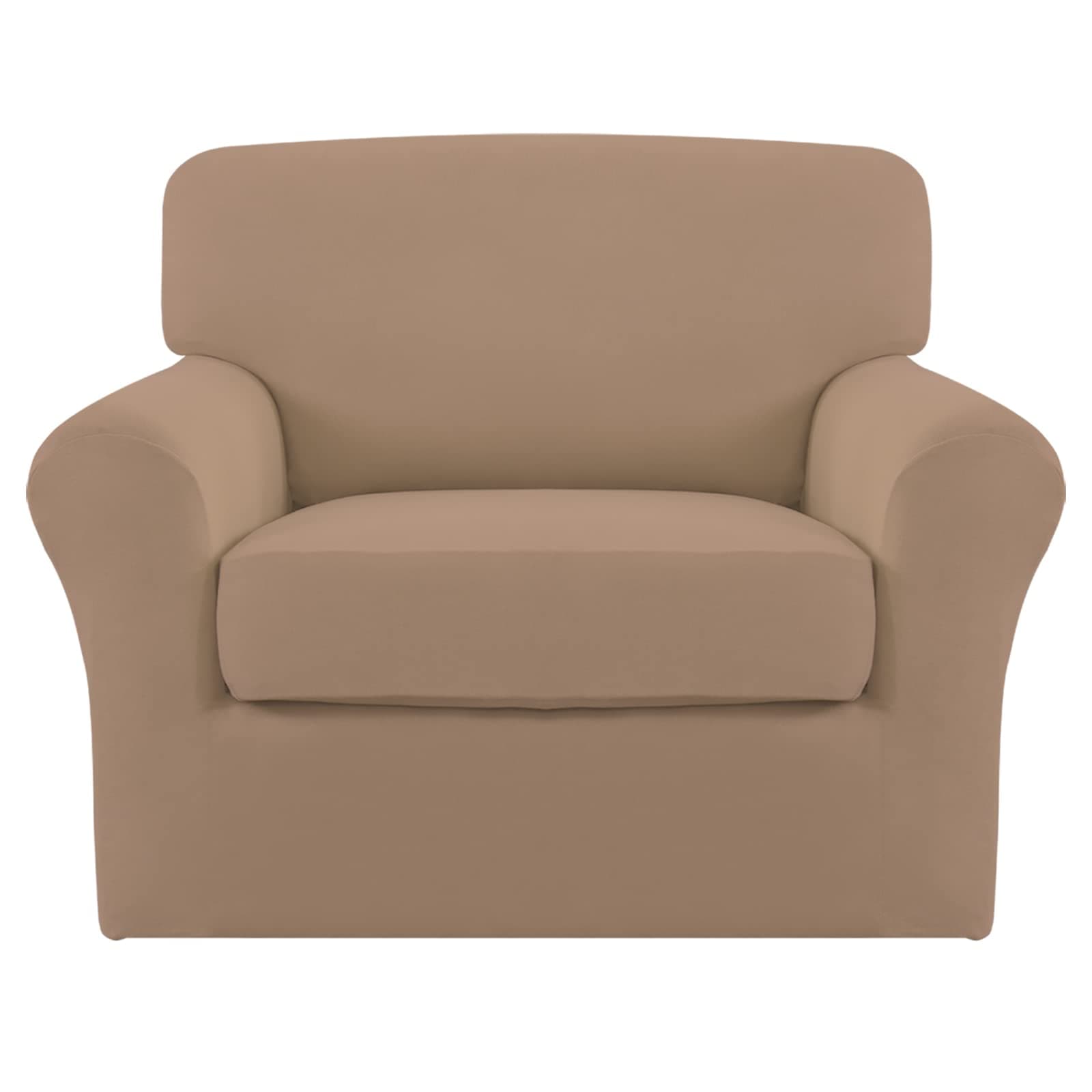 2 Pieces Microfiber Stretch Chair Slipcover – Spandex Soft Fitted Sofa Couch Cover Washable Furniture Protector with Elastic Bottom Kids Pet Camel