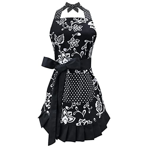 G2PLUS Apron for Women with Pockets, Extra Long Ties,Floral Apron, Perfect for Kitchen Cooking, Baking and Gardening, 29 x 21 - inch (Black)
