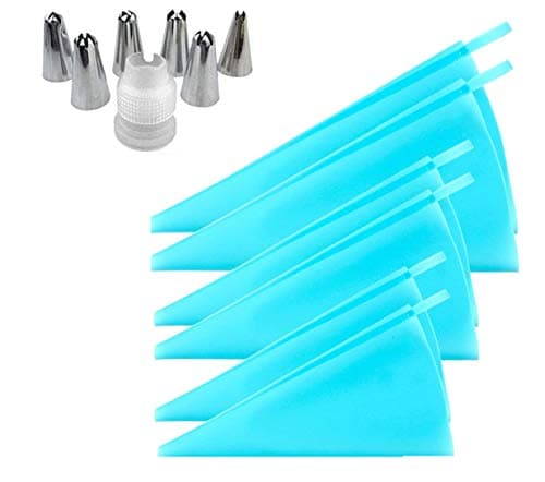Silicone Pastry Bags Reusable,Deluxe Cupcake Decorating Tip Set - Extra Large Stainless Steel Decorating Tips,Kitchen Baking Tool Utensil 6 Pack