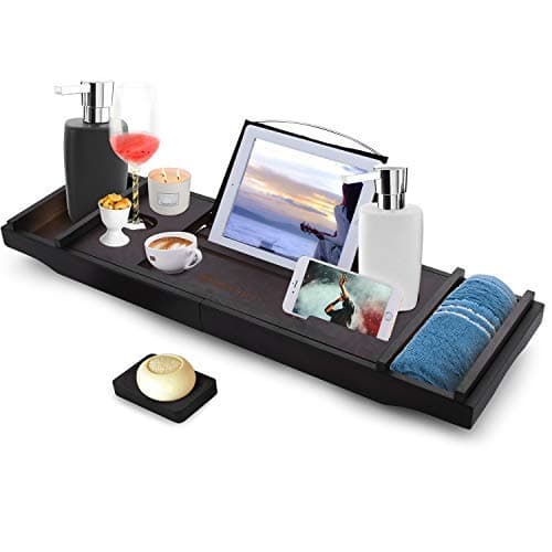 Modrine Expandable Bamboo Bathtub Caddy - Adjustable Wooden Serving Tray and Organizer for Any Size Bathtub - Phone and Tablet Compartments -Wine Holder Bathtub Tray Brown