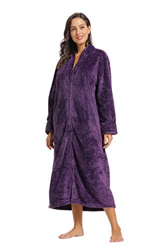 Womens Fleece Robe Long Soft Zip-Front Bathrobe with Two Side Pockets