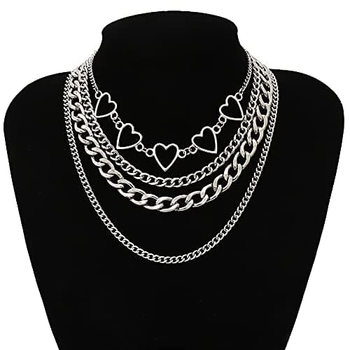 6-9 PCS Chain Necklace Egirl Men Male Emo Goth Chains Statement Lock Key 1-4 Layered Pendants Necklace for Women Teen Girls Boys Eboy Long Multilayer Chains Punk Choker Silver and Gold Set