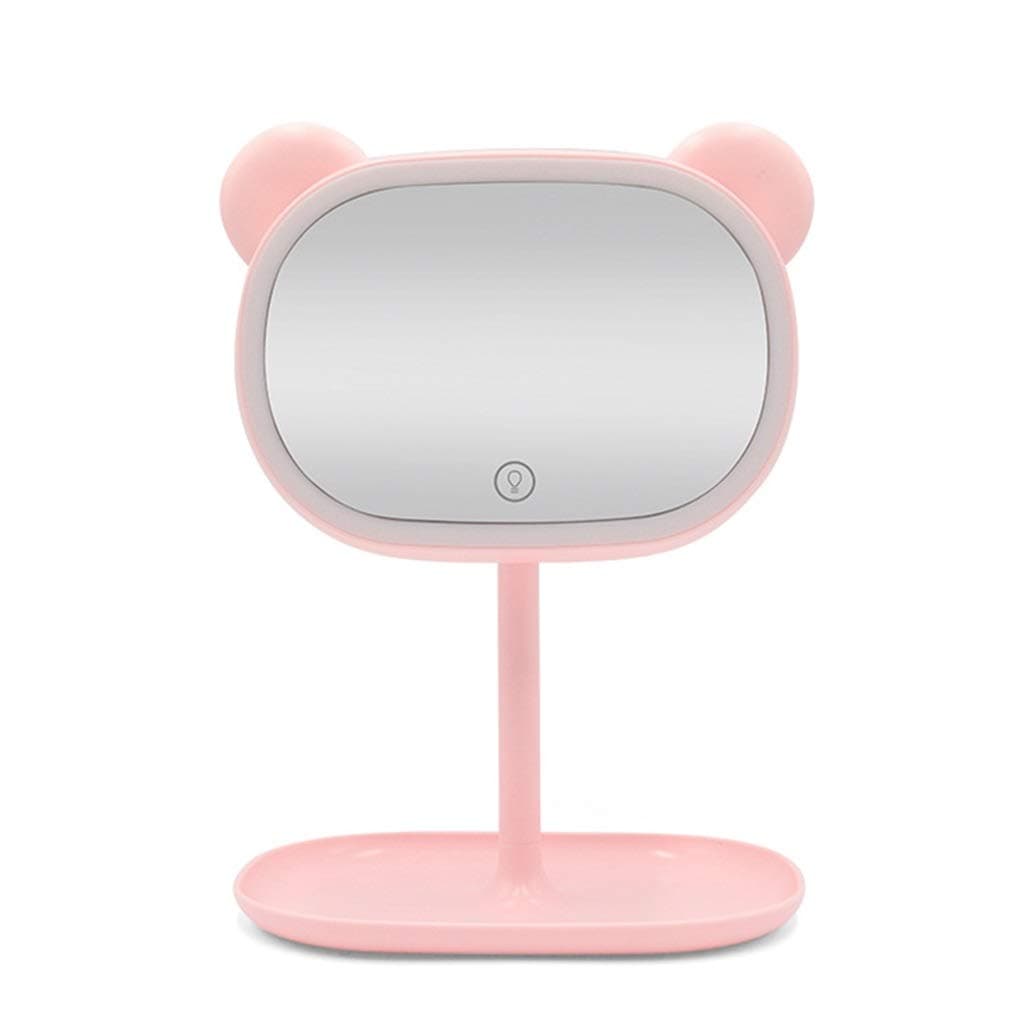 NJYT Wall Mirror Vanity Mirror with Lights and Storage, Touch Screen Dimming 90°Adjustable Stand Tabletop Mirrors with USB Power Cord Makeup Mirrors (Color : APink)