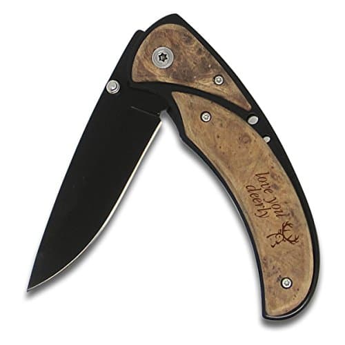 Personalized Pocket Knife With Wood Handle Laser Engraved with Buck Love You Deerly Design