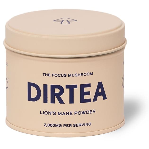 Dirtea Lion's Mane Oganic Mushroom Powder – Enhances Focus, Memory & Digestion. 60g Tin with 30 Servings and Serving Spoon. 100% Pure Lions Mane Powder for Wellness.
