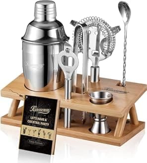KITESSENSU Cocktail Shaker Set Bartender Kit, 6-Piece Silver Bar Set with Stand, Bar kit with Essential Bar Accessory Tools: Martini Shaker, Jigger, Strainer, Bar Spoon, Tongs, Opener