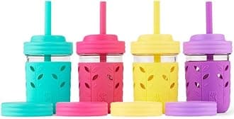 8oz Glass Kids + Toddler Drinking Cups | The Original Mason Jars with Lids + Sleeves + Straws | Smoothie Cups | Spill Resistant | Dishwasher Safe | 4 Pack
