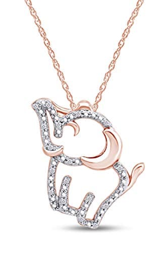 AFFY1/20 CTTW Round Cut Natural Diamond Accent Two Tone Elephant Pendant Necklace In 14K Gold Over Sterling Silver