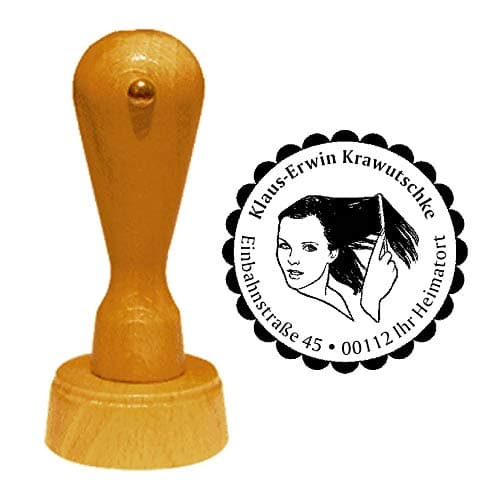Stamp address stamp "FRISEUR 02" diameter approx. 40 mm – with personal address, motif and decorative border – professional hairdressing salon woman hairstyle