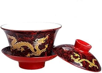 Moyishi Chinese Porcelain Gaiwan Floral Dragon Tradition Sancai Tea Cup Tea Set Best Gift (Dark Red Dragon)