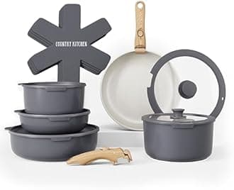 Country Kitchen 16 Piece Pots and Pans Set - Safe Nonstick Kitchen Cookware with Soft Touch Wooden Removable Handle, RV Cookware Set, Oven Safe (Grey)