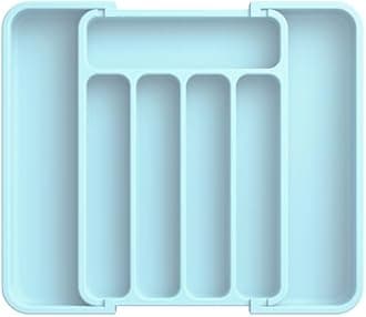 Aujen Silverware Organizer - Expandable Kitchen Drawer Organizer, Adjustable Utensil Organizer, Cutlery Tray for Forks, Knives, Multipurpose Kitchen Organizers and Storage Solution, Blue, Medium