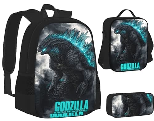 Wegji Godzilla Backpack-Boys School Backpack Dinosaur Monster School Bookbag Godzilla Lunch Box and Pencil Case (E)