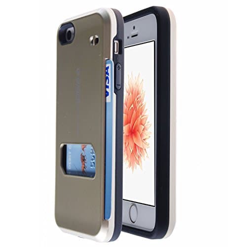 Guardful [Shockproof] Credit Card Case [Dual Layer] [Rugged Tough] Protective Hybrid Case with One Card Slot Wallet for iPhone 5 / 5S / 5SE (Gold)