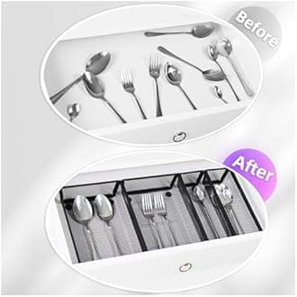 ihomecooker Mesh Tray Silverware Drawer Organizer, Utensil Cutlery Tray Office Supplies with Interlocking Arm Drawer Dividers Organizer for Flatware, Knives,Home,Office, School,Bedroom 9X6＂Black