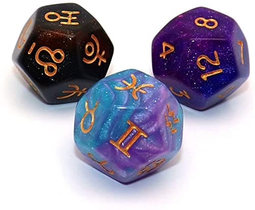 LUYAO 3 Pack Acrylic Astrological Dice for Constellation Divination Dice Table Games Accessory 3 Colors D12 Glitter Dice Set (Starry sky)