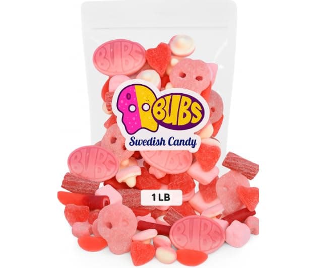 Pink Candy, 1 lb, Original Bubs Swedish Candy straight from Sweden, including Ovals and Skalle, sweet and sour mix