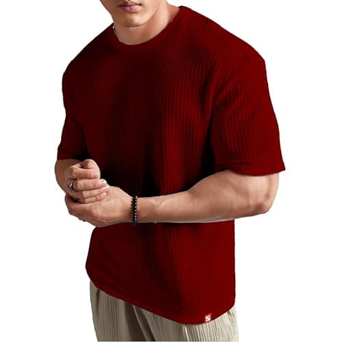 SHODOX Mens Oversized T-Shirt Solid Color Polka Dot Crew Neck Loose Fit Off Shoulder Casual Cotton T Shirt for Men