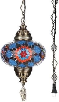 DEMMEXPlug-in Turkish Moroccan Mosaic Hanging Pendant Ceiling Light – Swag Lamp Fixture with 15ft Cord & Chain, Handcrafted Glass, Vintage Tiffany Style, Mediterranean Exotic Decor