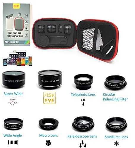 Cell Phone Camera Lens Kit Super Wide Angle Macro 198° Fisheye Telephoto CPL Star Filter Kaleidoscope Clip On Lens for iPhone x 8 7 6 6s Plus Samsung Galaxy S8 S9 S7 S6 Android Smartphones iPad Tablet