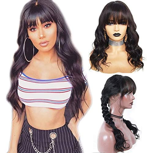 Kadoyee body wave with bangs 13x4 lace front wigs human hair Unprocessed 8a Brazilian Virgin hair with baby hair wigs for black women 24in 150% Density Natural black