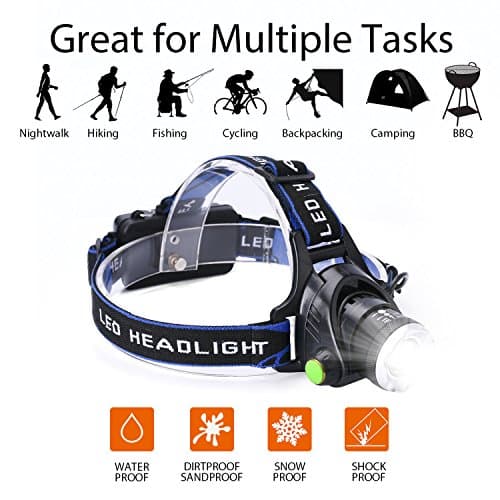 LED Waterproof Headlamp Flashlight, Rechargeable Zoomable Headlamps Adjustable Cree T6 Headlight for Camping Hiking Hunting Running Working Outdoor Sports with 18650 Batteries,Charger and USB Cable