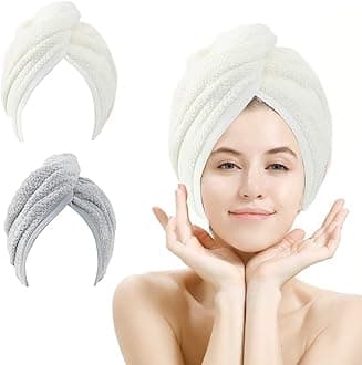 2 Pack Hair Towel Wrap,Absobent Hair Drying Towel with Buttons, Microfiber Hair Towel Wrap to Dry Hair Quickly (Beige&Gray)