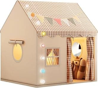 Kids Tent Playhouse with Star Lights and Tote Bags, Kids Play Tent Indoor & Outdoor, Washable Teepee Tent for Boys & Girls, Toy House for Toddler, Neutral Color Play Room Furniture (Beige-1)