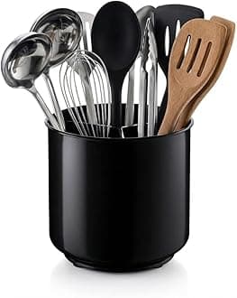 Cooler Kitchen Extra Large and Sturdy Rotating Black Utensil Holder Caddy with No-Tip Weighted Base, Removable Divider, and Gripped Insert | Rust Proof and Dishwasher Safe Kitchen Utensils Holder