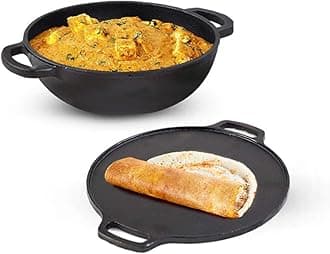 Pre-Seasoned Cast Iron Cookware Set | Tawa (30 Cm) + Kadai (25.4 Cm/2.3L) | Kitchen Cooking Combo Pots And Pans Set Of 2Pcs | Naturally Nonstick black