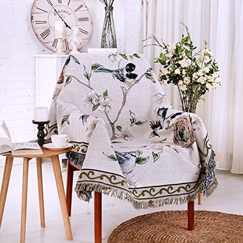 Erke 50" X 60" Double Sided Cotton Woven Couch Throw Blanket Featuring Decorative Tassels - Village Flower and Birds, Beige / Grey