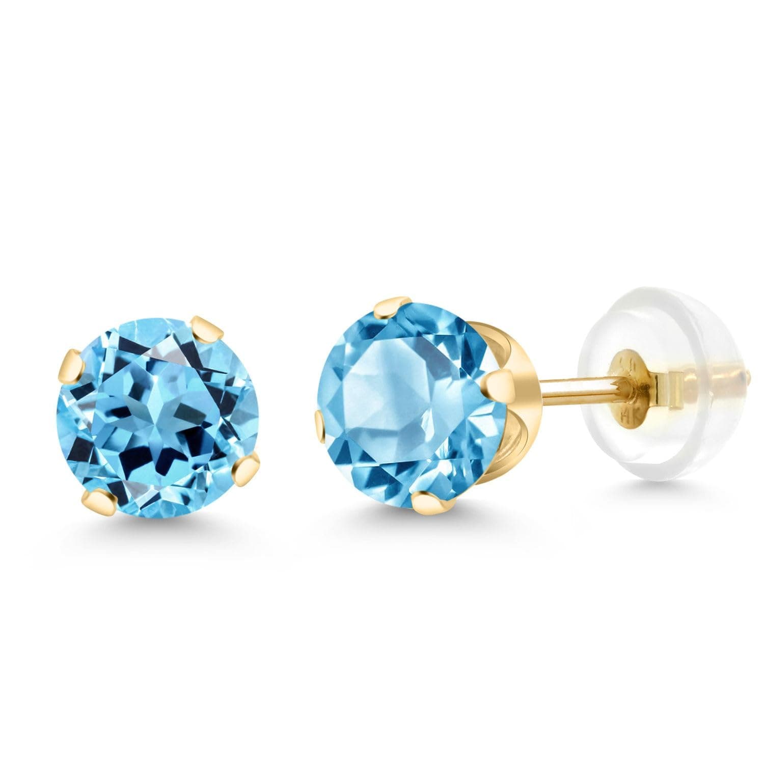 Gem Stone King 2.00 Ct Round 6mm Swiss Blue Topaz 14K Yellow Gold Stud Earrings