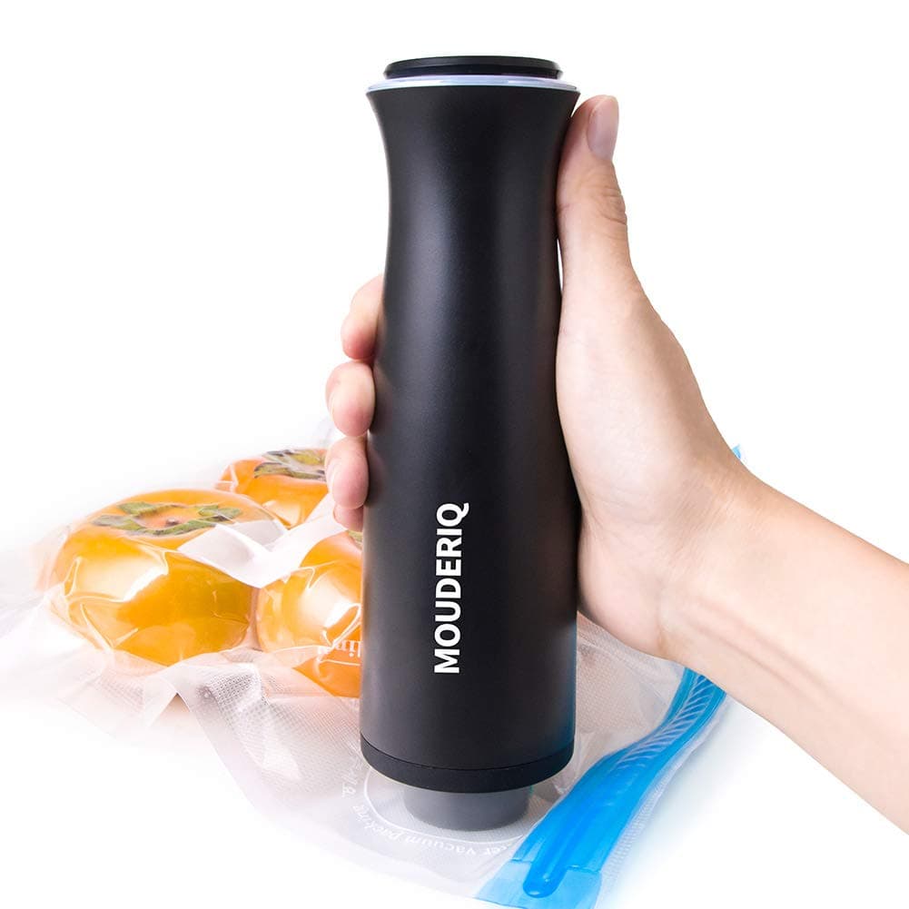 MOUDERIQ Vacuum Sealer Machine Mini,Electric wine Pump, with 4 x Reusable Vacum Sealing Bags and 1 x Wines Stopper, Black