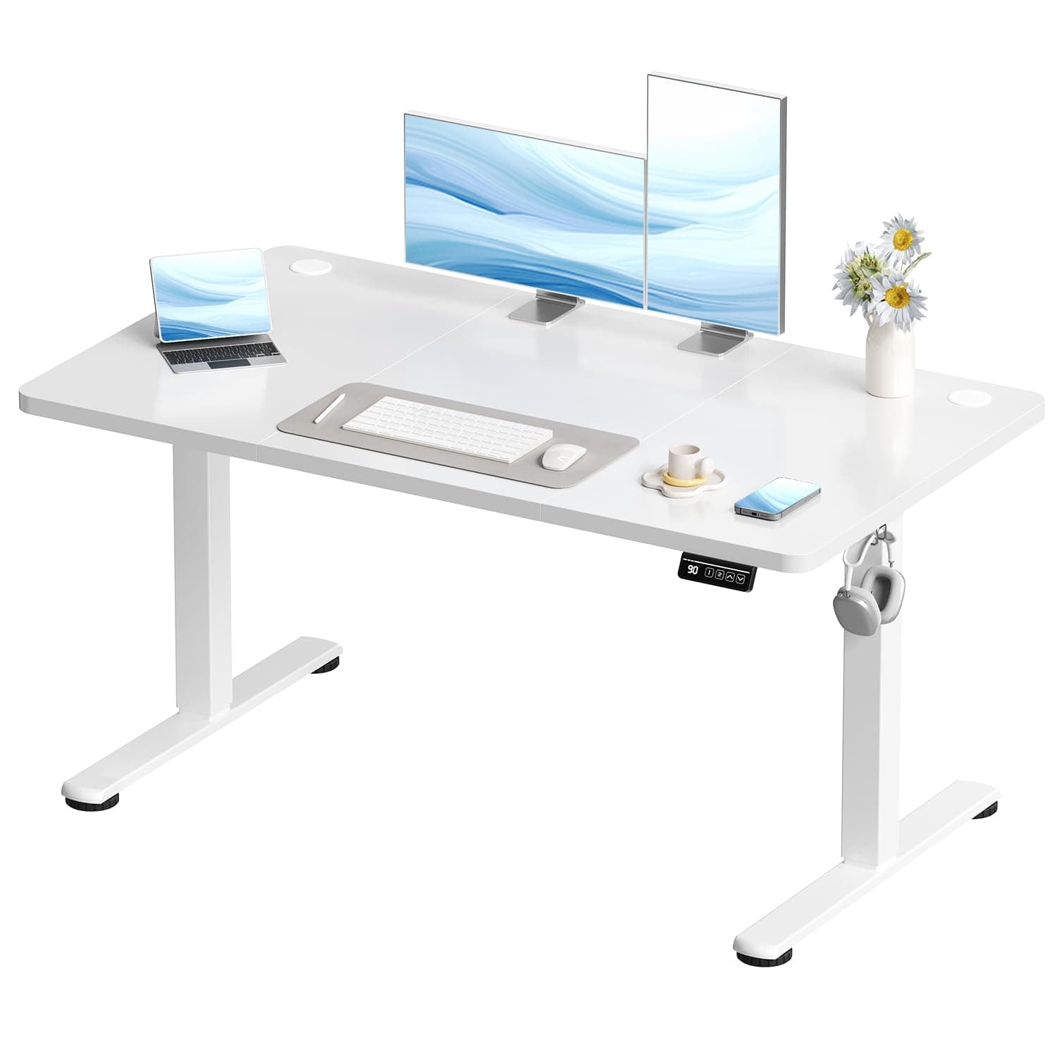 Electric Standing Desk 120x60cm Sit Stand Table Height Adjustable with Backpack Hook and Memory Smart Pannel, Home Office, White