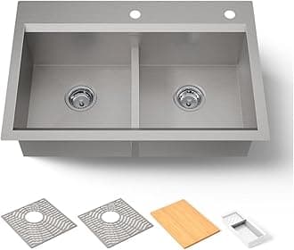 KOHLER 80085-2PC-NA Task™ 33" Smart Divide Top-/Undermount Double-Bowl Workstation Kitchen Sink, Includes Workstation Sink Accessories, Stainless Steel, 2 Faucet Holes