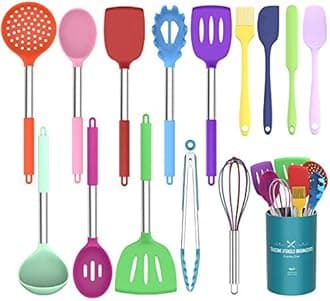 Umite Chef Kitchen Utensils Set, 15 Pieces Silicone Heat Resistant Non-Stick BPA Free Stainless Steel Handle Spatula Spoon Tongs Whisk Cookware