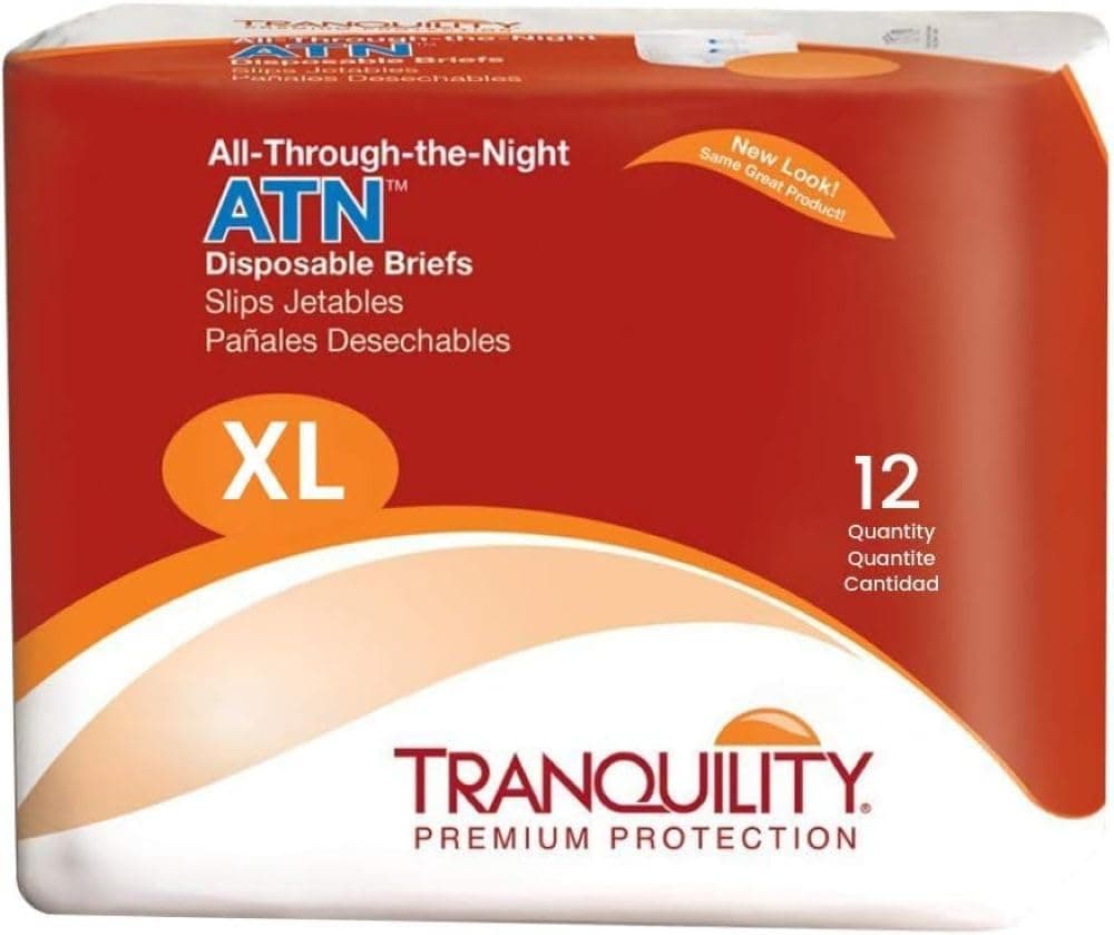 Tranquility Premium ATN Disposable Briefs with Tabs, Overnight Protection Superabsorbent Core for Leak-Free and Full-Fit Comfort, X-Large 60ct Case